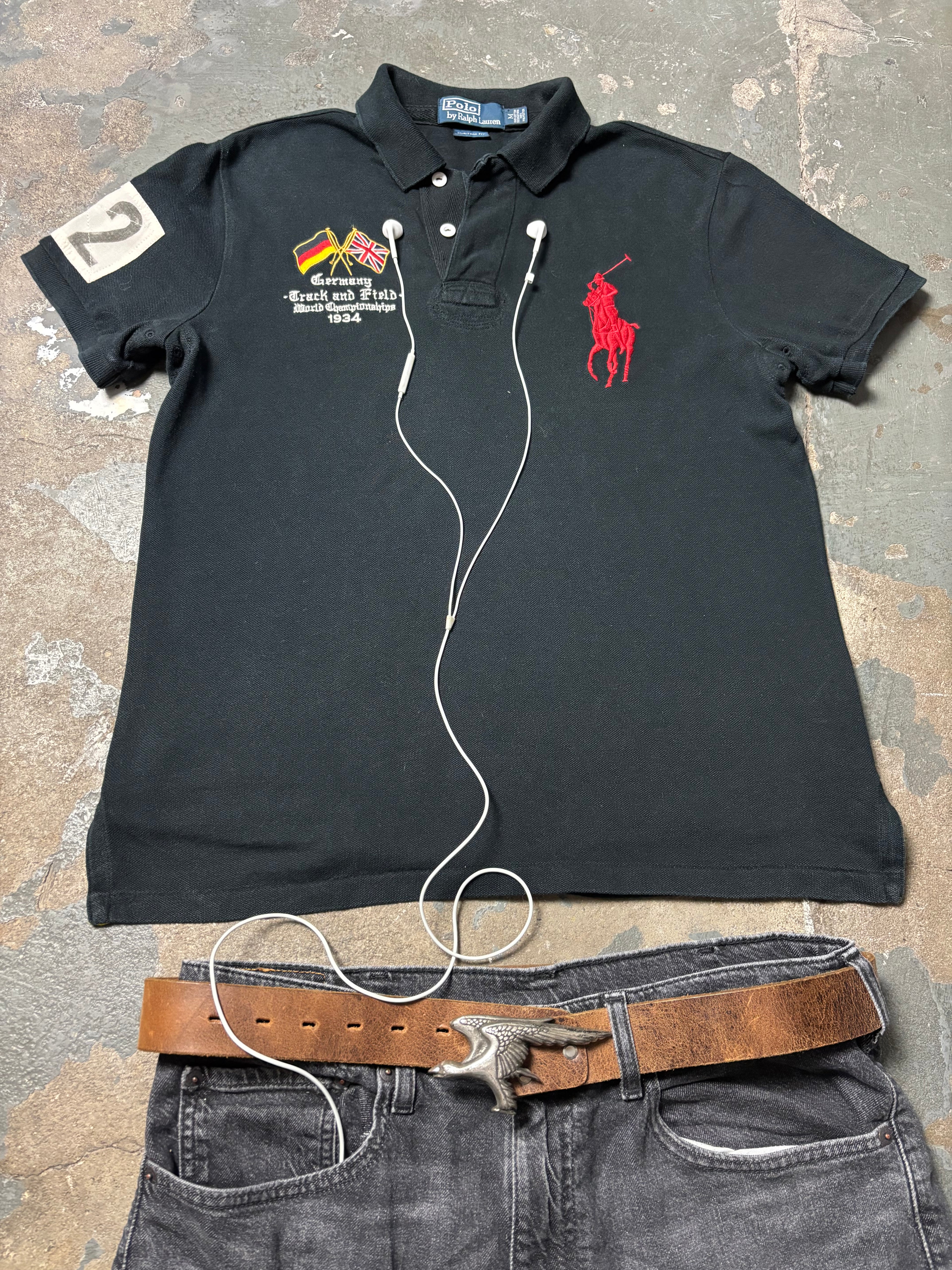 Vintage Polo Ralph Lauren Germany Track & Field 1934 Big Pony Polo Schwarz Custom Fit M