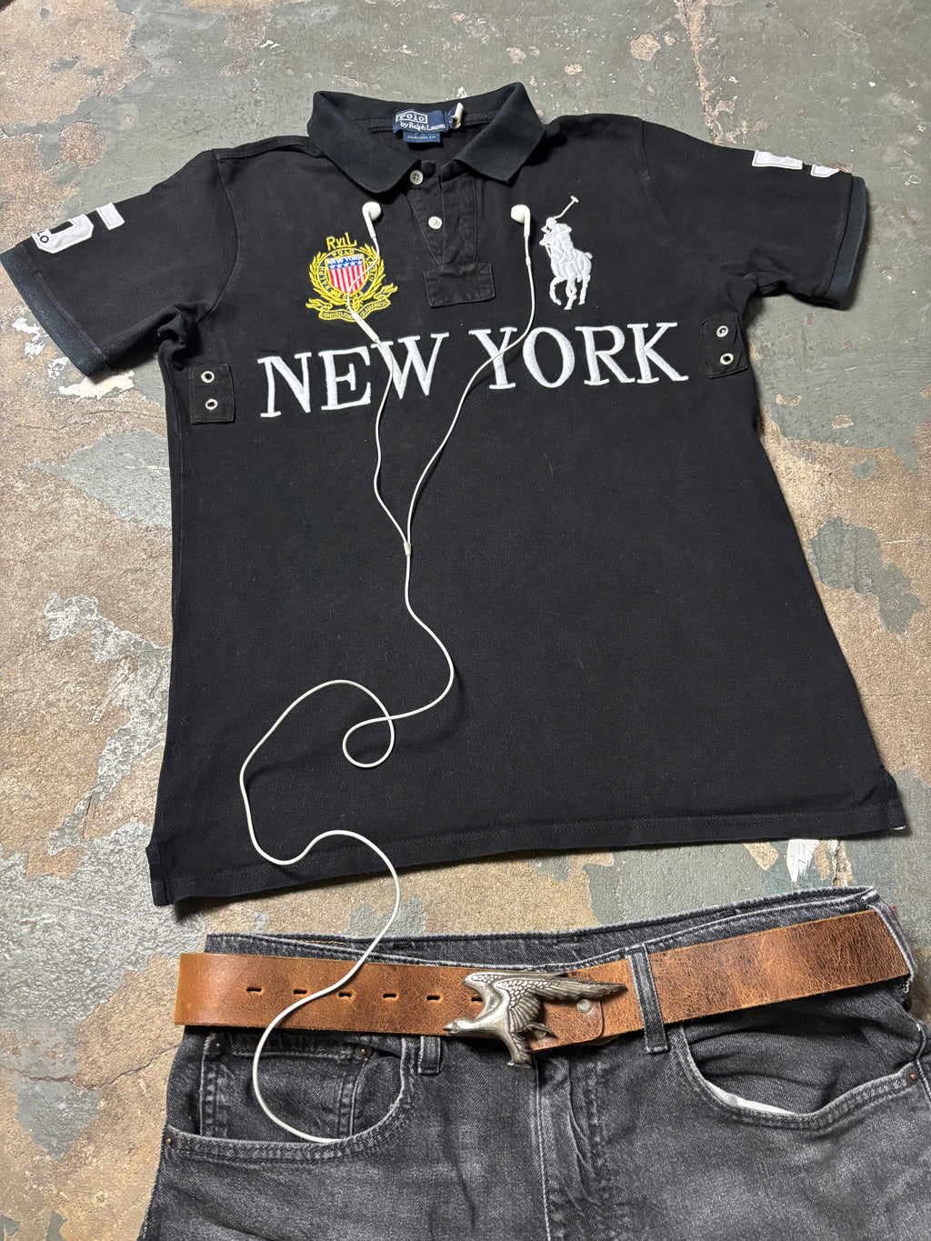 Vintage Polo Ralph Lauren NEW YORK Big Pony Crest Polo Schwarz