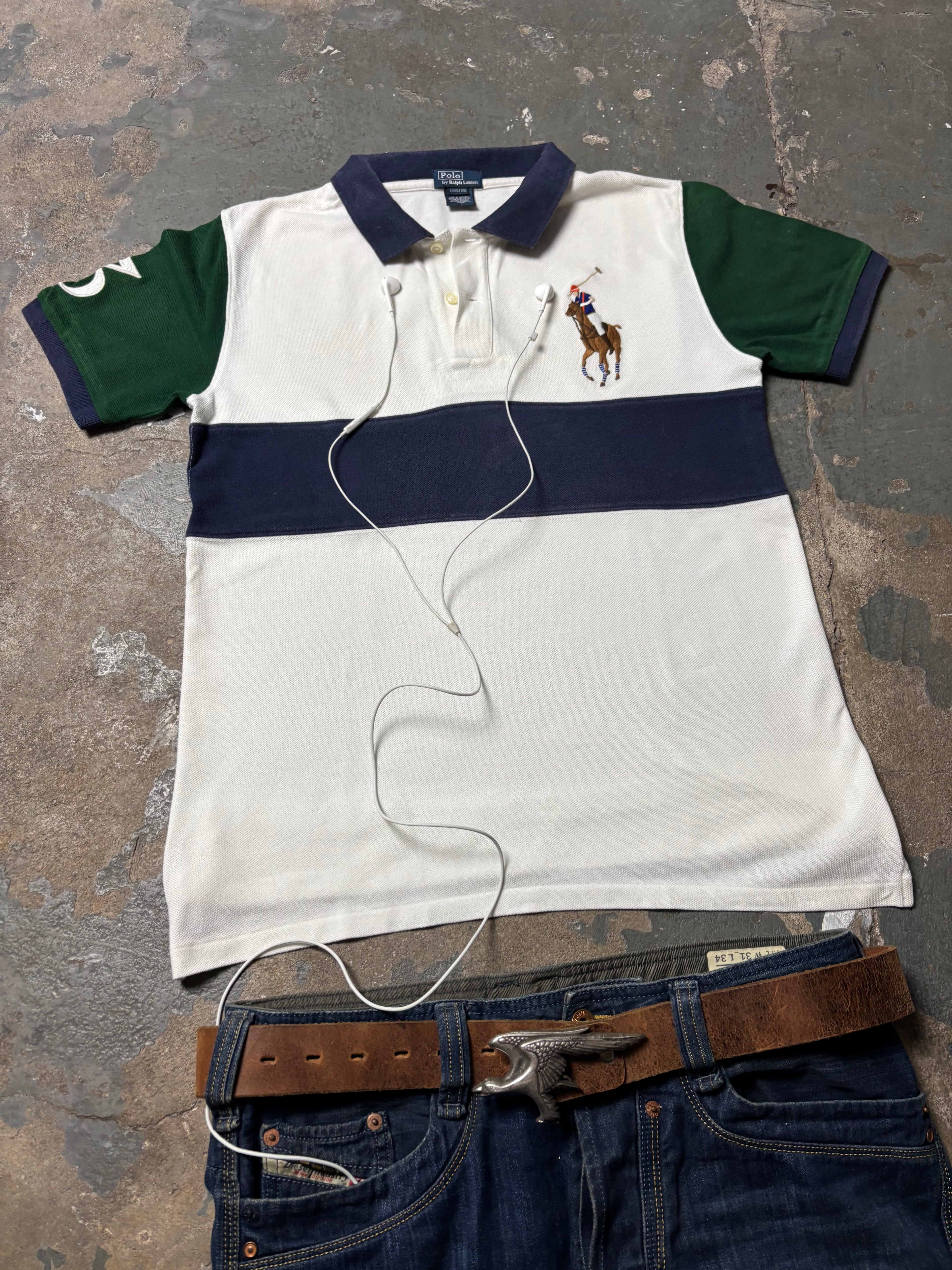 Vintage Polo Ralph Lauren Big Pony Colorblock Polo Weiß Navy Grün S