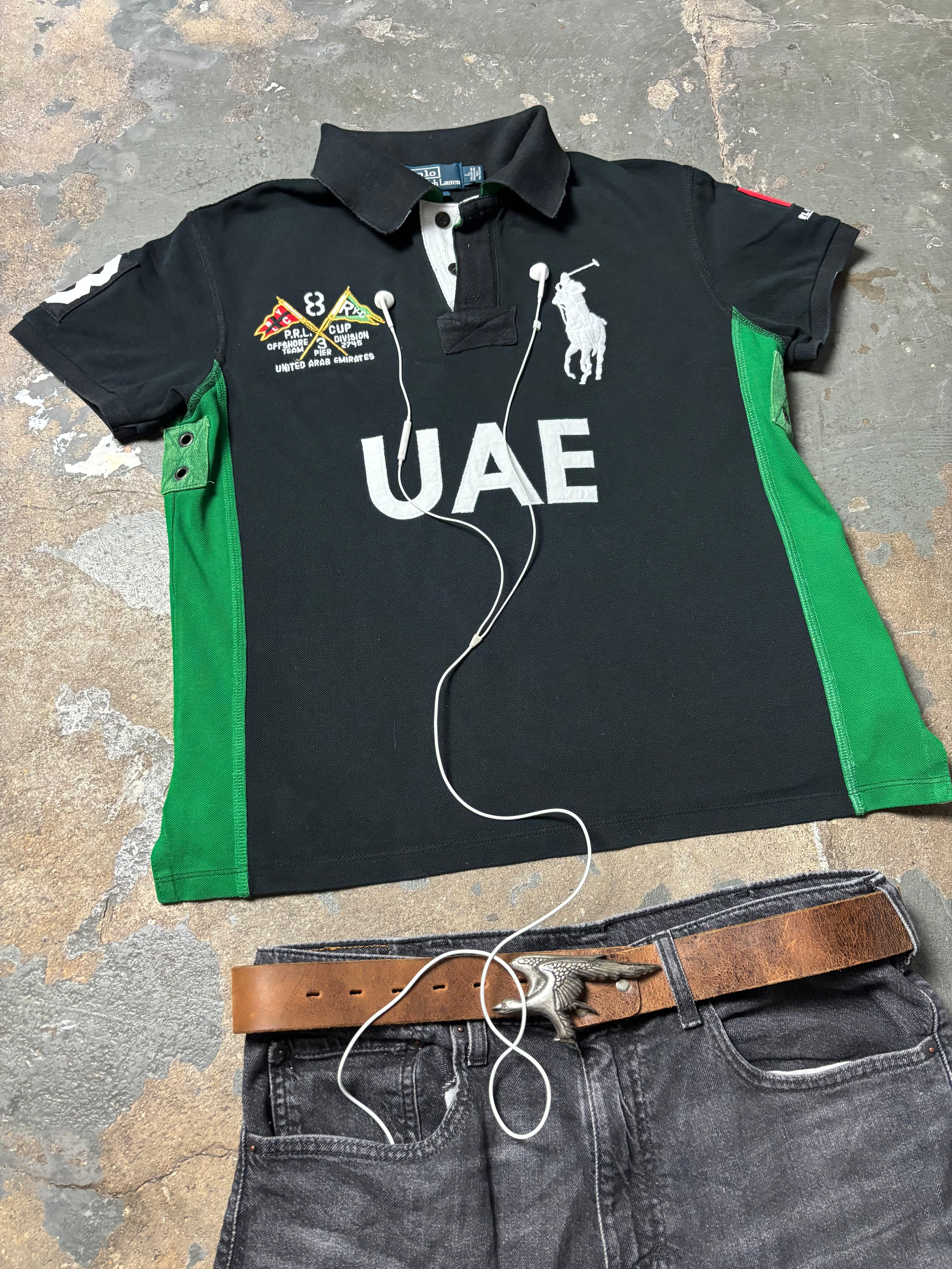 Vintage Polo Ralph Lauren UAE Dubai Ocean Challenge 2011 Big Pony Rugby Polo Schwarz Custom Fit L