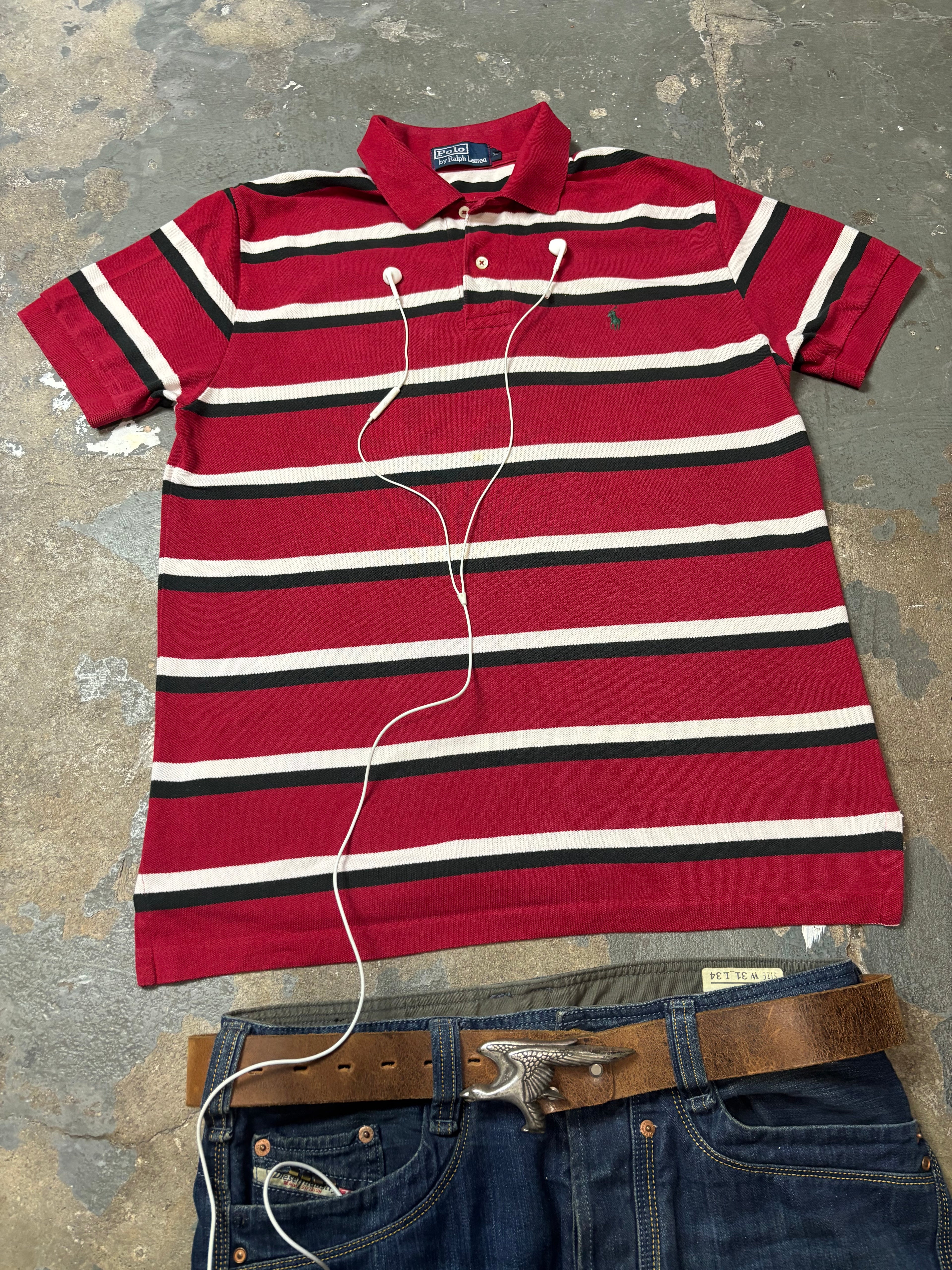 Vintage Polo Ralph Lauren Striped Polo Burgundy Heritage Boxy Fit M
