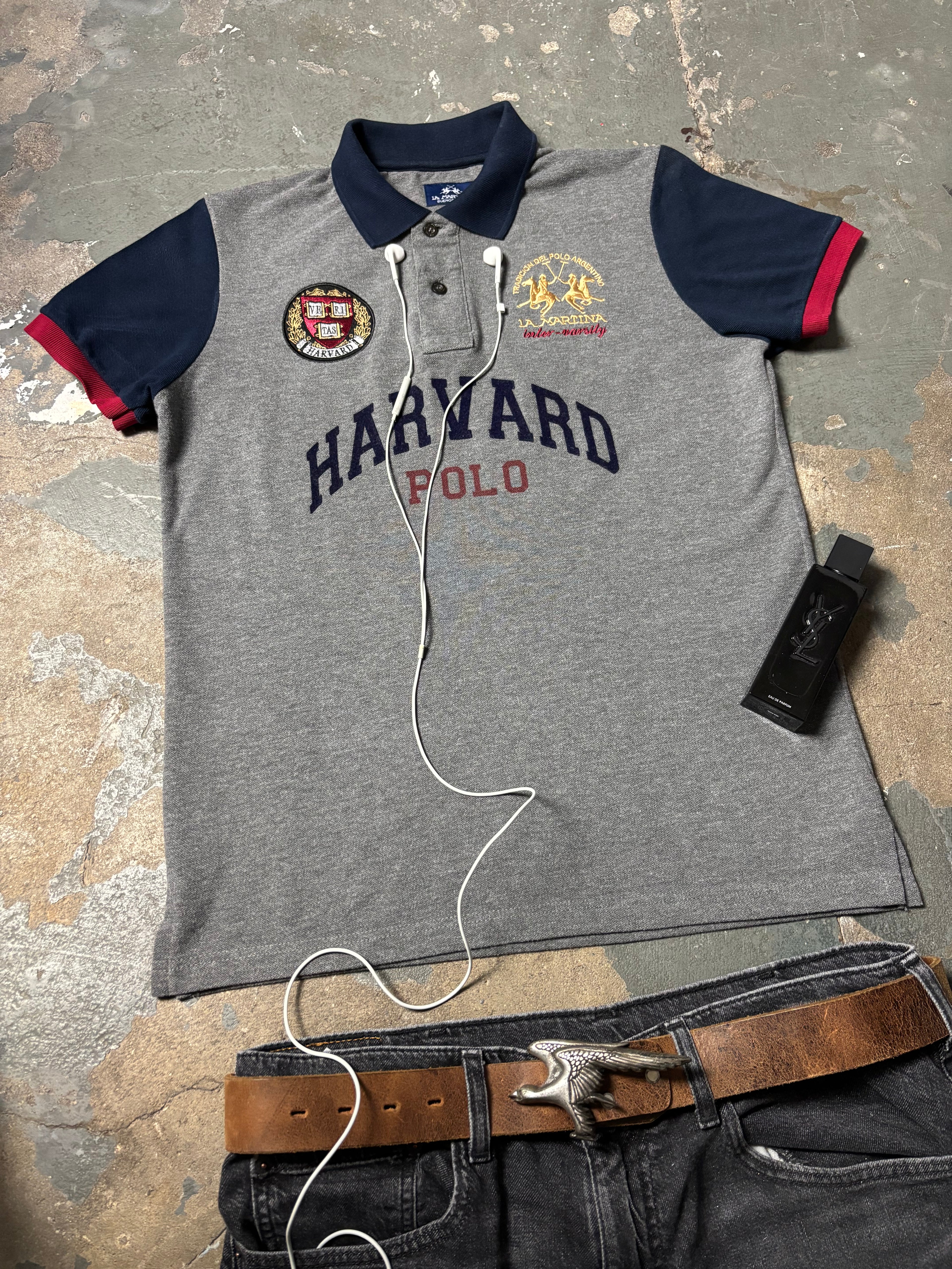 La Martina x Harvard "Inter-Varsity" Polo Shirt – Grau / Navy /Rot – L