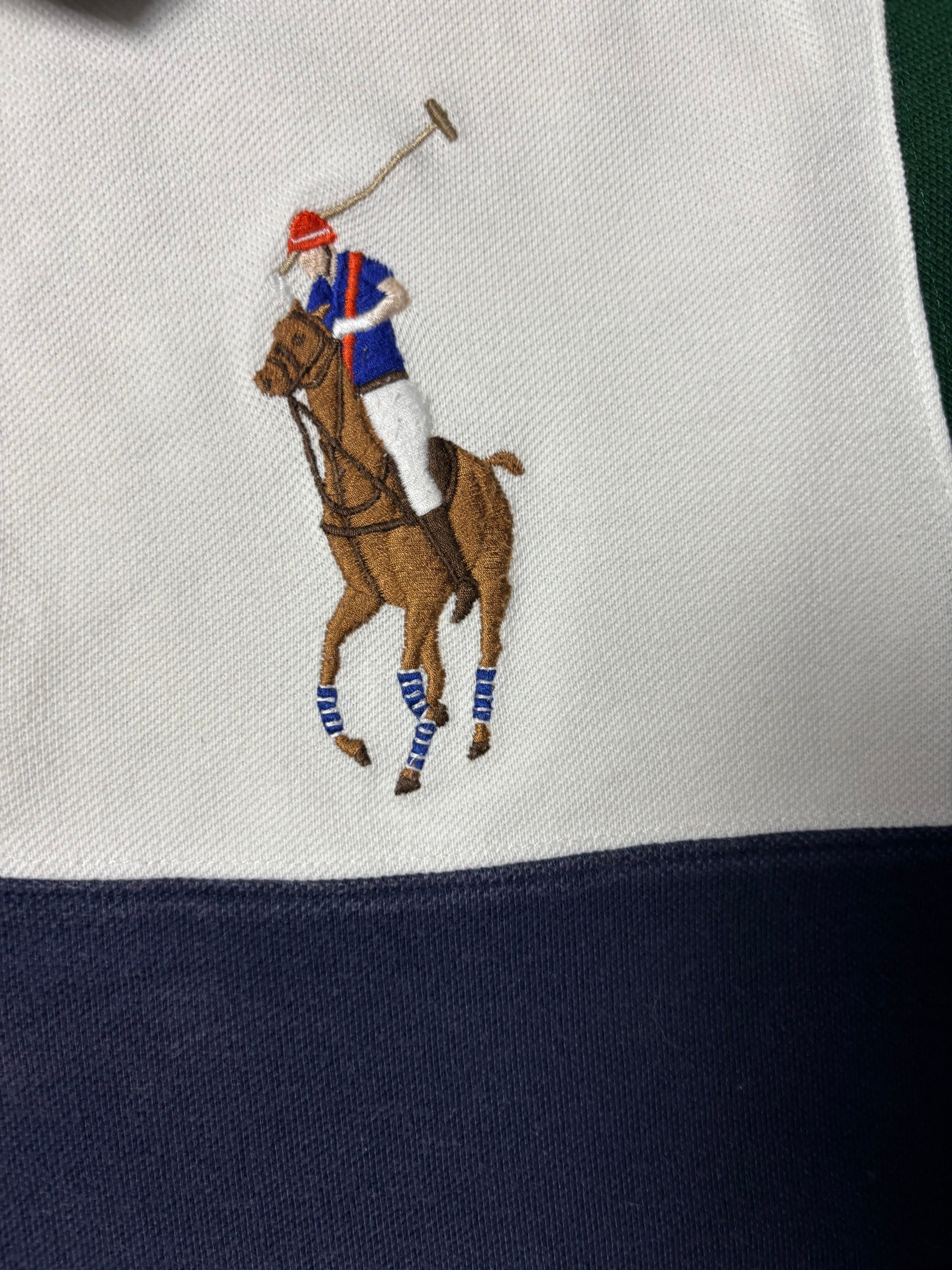 Vintage Polo Ralph Lauren Big Pony Colorblock Polo Weiß Navy Grün S