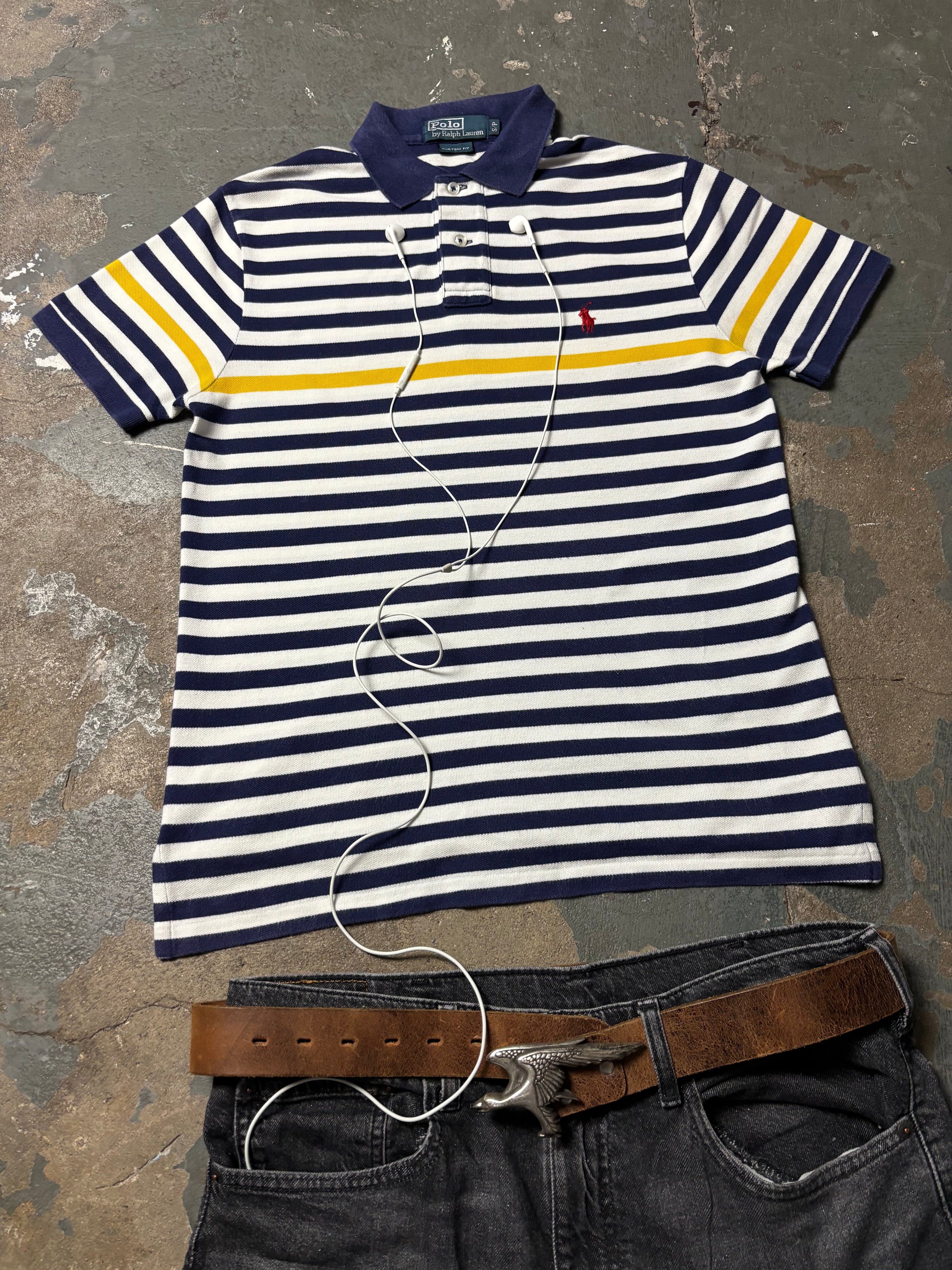 Vintage Polo Ralph Lauren Striped Polo Navy Weiß Gelb Custom Fit S