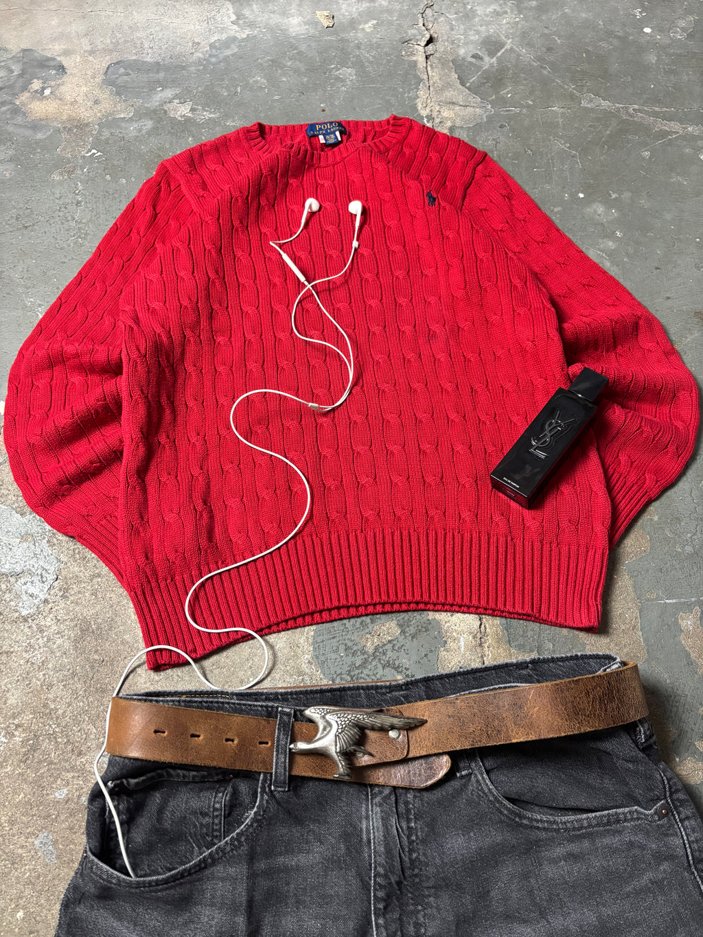 Roter Vintage Polo Ralph Lauren Zopfstrickpullover Cable Knit, Old Money Preppy Style Frontansicht