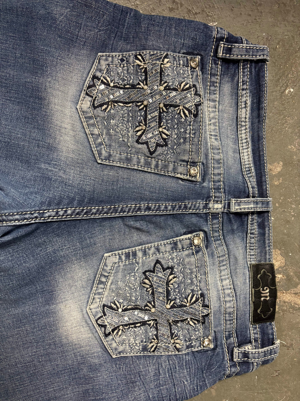 Miss Me Vintage Miss Me Rhinestone Cross Thick Stitch Jeans Denim