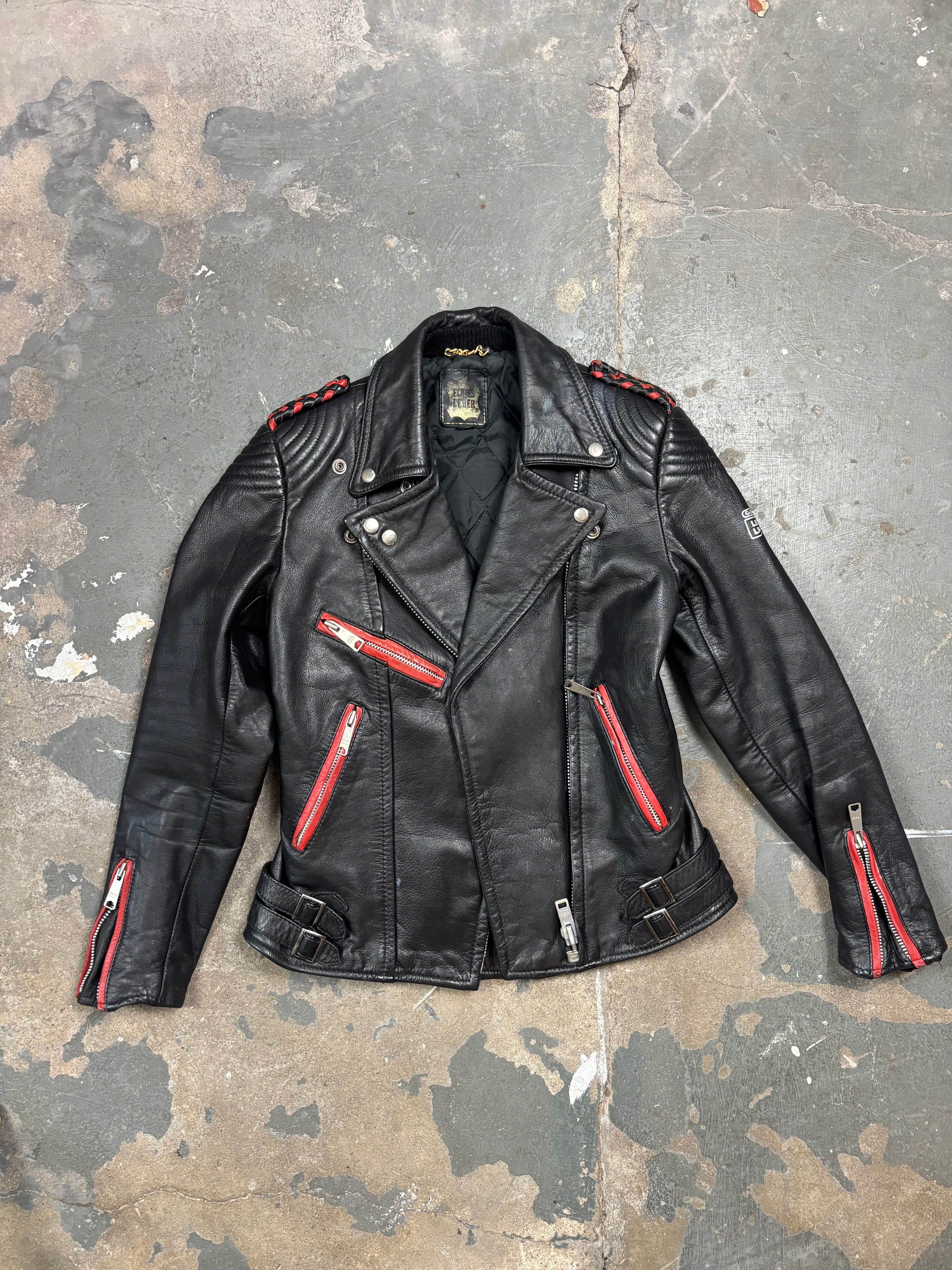 Vintage Biker Lederjacke Schwarz Rote Details