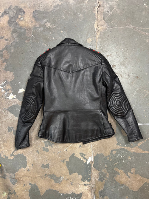 Vintage Biker Lederjacke Schwarz Rote Details